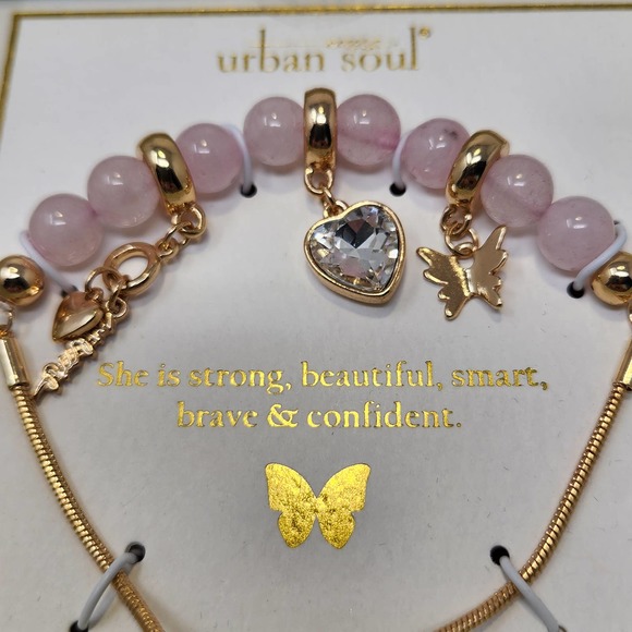 Rose Quartz Bead Heart Crystal Mama Charm Bracelet Gold Tone Slide Adjustable - Picture 4 of 5